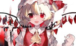 Rule 34 | 1girl, ascot, blonde hair, collared shirt, commentary, crystal, flandre scarlet, hair between eyes, hat, long hair, looking at viewer, mob cap, nemachi, one side up, open mouth, red eyes, red vest, shirt, short sleeves, solo, touhou, upper body, vest, white hat, white shirt, wings, yellow ascot