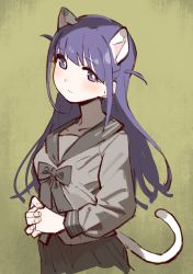 Rule 34 | 1girl, absurdres, animal ears, black skirt, blunt bangs, blush, bow, bowtie, bright pupils, cat ears, cat girl, cat tail, closed mouth, commentary request, cowboy shot, cropped legs, goe (g-o-e), grey bow, grey bowtie, grey sailor collar, grey shirt, highres, kemonomimi mode, long hair, long sleeves, looking at viewer, own hands clasped, own hands together, pleated skirt, purple eyes, purple hair, sailor collar, school uniform, serafuku, shirt, shoujo kageki revue starlight, sidelocks, skirt, solo, standing, tail, tsuyuzaki mahiru, two side up, white pupils, yellow background