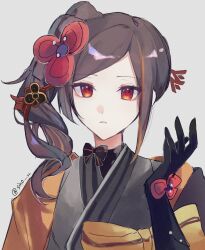 Rule 34 | 1girl, black gloves, bow, brown hair, chiori (genshin impact), closed mouth, genshin impact, gloves, hair ornament, highres, japanese clothes, kimono, looking at viewer, side ponytail, simple background, sino 22, solo, twitter username, white background