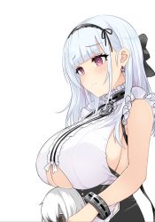 Rule 34 | 1girl, anchor choker, anchor necklace, apron, azur lane, bare shoulders, black hairband, blunt bangs, blush, breasts, center frills, character doll, choker, cleavage cutout, closed mouth, clothing cutout, collar, commentary request, dido (azur lane), doll, dress, earrings, frilled choker, frills, hair ribbon, hairband, heart, heart earrings, highres, holding, holding doll, huge breasts, jewelry, lace-trimmed hairband, lace trim, long hair, maid, maid apron, maid day, maid headdress, necklace, pink eyes, ribbon, sideboob, sidelocks, silver hair, sleeveless, solo, standing, underboob, underboob cutout, upanishi mariko, waist apron, white apron, wrist cuffs