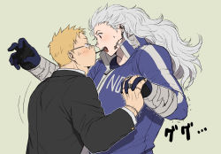Rule 34 | 1boy, 1girl, anger vein, arm wrap, black jacket, black necktie, blonde hair, blue gloves, blue jacket, clothes writing, collared shirt, cross, dorohedoro, earrings, eye contact, face-to-face, food, food in mouth, formal, glasses, gloves, grey hair, hetero, highres, interlocked fingers, inverted cross, jacket, jewelry, ki (mxxxx), long hair, long sleeves, looking at another, mouth hold, necktie, noi (dorohedoro), open mouth, pocky, pocky kiss, ring, shared food, shin (dorohedoro), shirt, short hair, simple background, stitched fingers, stitched hand, suit, surprised, sweatdrop, track suit, trembling, upper body, white shirt, zipper