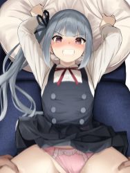 Rule 34 | 1boy, 1girl, arms up, belt, black ribbon, blush, buttons, clothed sex, commentary request, dress, hair ribbon, hetero, highres, implied sex, kantai collection, kasumi (kancolle), kasumi kai ni (kancolle), legs grab, long hair, long sleeves, looking at viewer, lying, neck ribbon, nose blush, oekakizuki, on back, out-of-frame censoring, panties, pillow, pillow grab, pinafore dress, pov, ribbon, saliva, side ponytail, silver hair, skirt, sleeveless, sleeveless dress, suspenders, sweat, tears, underwear, wet