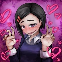 Rule 34 | 1girl, :d, black hair, blush, collared shirt, commentary request, double v, fingernails, hair ornament, hairclip, hands up, heart, heart-shaped pupils, looking at viewer, nail polish, nose blush, open mouth, original, pink ba, pink background, pink shirt, purple eyes, purple sweater, ray-k, shirt, short hair, smile, solo, sweat, sweater, nervous sweating, swept bangs, symbol-shaped pupils, tears, torogao, v, wavy mouth, white shirt, wing collar