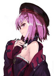 Rule 34 | 1girl, alchemaniac, bare shoulders, breasts, fate/grand order, fate (series), hat, helena blavatsky (fate), helena blavatsky (third ascension) (fate), highres, looking to the side, off shoulder, profile, purple eyes, purple hair, sefirot, short hair, simple background, sketch, small breasts, smile, solo, white background