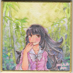 Rule 34 | 1girl, bamboo, bamboo forest, black hair, bow, bowtie, brown eyes, closed mouth, collarbone, dated, finger to mouth, forest, houraisan kaguya, long hair, long sleeves, moon, nature, pink shirt, shikishi, shin1ar24, shirt, solo, touhou, traditional media, upper body, watercolor pencil (medium), white bow, white bowtie