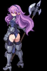 Rule 34 | 1girl, armor, armor knight (disgaea), ass, black thighhighs, disgaea, disgaea d2, e79, gauntlets, greaves, hairband, halberd, highleg, long hair, looking at viewer, looking back, lowres, pixel art, pointy ears, polearm, purple hair, red eyes, solo, thighhighs, transparent background, weapon