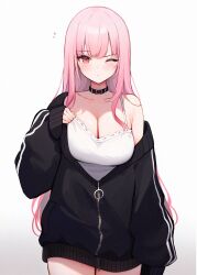 Rule 34 | 1girl, bare shoulders, black choker, black hoodie, blush, breasts, choker, cleavage, highres, hololive, hololive english, hood, hood down, hoodie, koahri, large breasts, long hair, looking at viewer, mori calliope, one eye closed, pink eyes, pink hair, simple background, solo, strap, virtual youtuber, white background, zipper