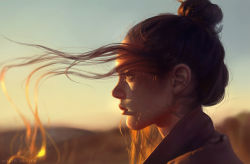 Rule 34 | 1girl, artist name, astri lohne sjursen, blurry, brown eyes, brown hair, closed mouth, depth of field, earrings, freckles, from side, hair bun, jewelry, long hair, original, outdoors, photo-referenced, portrait, profile, realistic, sky, solo, sunset, wind