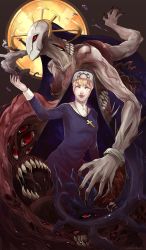 Rule 34 | 1girl, 2018, blonde hair, claws, cross, cross necklace, double (skullgirls), dual persona, extra eyes, extra mouth, grey eyes, habit, halo, hand up, highres, jewelry, monster, necklace, nun, red eyes, skullgirls, smile, solo, tentacles, veins, white eyes