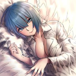 Rule 34 | 1girl, bad id, bad twitter id, blue eyes, blue hair, blush, breasts, cleavage, closed mouth, collarbone, collared shirt, hair between eyes, highres, large breasts, looking at viewer, lying, naidong, naidong (artist), on side, original, shirt, short hair, smile, solo, white shirt