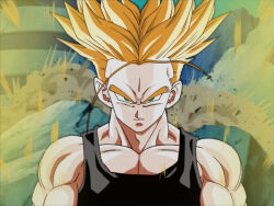 Rule 34 | angry, aura, biceps, blonde hair, city, destruction, energy, green eyes, iamthetrev, looking at viewer, muscular, muscular male, pectoral cleavage, pectorals, serious, spiked hair, super saiyan, tagme, trunks (dragon ball), trunks (future) (dragon ball)