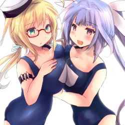 Rule 34 | 2girls, blue hair, breast press, breasts, cowboy shot, flower-shaped pupils, glasses, hair ribbon, hat, highres, hirune (konekonelkk), i-19 (kancolle), i-8 (kancolle), kantai collection, large breasts, long hair, low twintails, multiple girls, name tag, one-piece swimsuit, peaked cap, red-framed eyewear, red eyes, ribbon, sailor hat, school swimsuit, semi-rimless eyewear, simple background, swimsuit, symbol-shaped pupils, tri tails, twintails, under-rim eyewear, white background