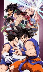 Rule 34 | 6+boys, anger vein, armor, artist name, bardock, bare shoulders, bb m0024, biceps, black bodysuit, black eyes, black gloves, black hair, black shirt, blue hair, blue sash, bodysuit, broly (dragon ball super), cape, clenched teeth, closed mouth, commentary request, dragon ball, dragon ball super, dragon ball super broly, dragon ball super super hero, dragonball z, energy, facial scar, frown, gloves, gohan beast, grey hair, hand up, headband, highres, looking at viewer, looking back, male focus, multiple boys, muscular, muscular male, open mouth, orange pants, pants, parted bangs, pectorals, pillarboxed, red cape, red eyes, red headband, red ribbon, red scarf, ribbon, saiyan armor, sash, scar, scar on cheek, scar on face, scarf, serious, shirt, short hair, simple background, sleeveless, sleeveless bodysuit, sleeveless shirt, smile, son gohan, son goku, son goten, spiked hair, teeth, torn bodysuit, torn clothes, torn pants, trunks (dragon ball), twitter username, upper body, upper teeth only, v-shaped eyebrows, vegeta, white background, white gloves