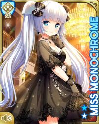 Rule 34 | 1girl, black bow, black dress, black footwear, blue eyes, blunt bangs, bow, card, chandelier, character name, closed mouth, dress, girlfriend (kari), hair bow, indoors, mansion, miss monochrome, miss monochrome (character), night, official art, qp:flapper, smile, solo, standing, tagme, twintails, white hair