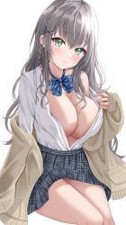 Rule 34 | 1girl, absurdres, blue bow, blue bowtie, blush, bow, bowtie, braid, breasts, brown cardigan, cardigan, cleavage, closed mouth, commentary request, cowboy shot, green eyes, grey hair, grey skirt, hair ornament, highres, hololive, large breasts, long hair, long sleeves, looking at viewer, off shoulder, open cardigan, open clothes, open shirt, pleated skirt, school uniform, shirogane noel, shirogane noel (school uniform), shirt, shirt tucked in, sidelocks, simple background, single bare shoulder, sitting, skirt, sleeves past wrists, smile, striped bow, striped bowtie, striped clothes, thighs, uni ikura, virtual youtuber, white background, white shirt, x hair ornament
