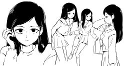 Rule 34 | 1girl, absurdres, arms behind back, bag, breasts, closed mouth, commentary, english commentary, greyscale, tucking hair, highres, long hair, long sleeves, looking at viewer, mob psycho 100, monochrome, multiple views, neckerchief, pleated skirt, sailor collar, school uniform, serafuku, shirt, shoulder bag, simple background, sketch, skirt, small breasts, smile, standing, takane tsubomi, tohrkgk, white background