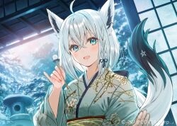 Rule 34 | 1girl, ahoge, alternate costume, alternate hairstyle, animal ear fluff, animal ears, aqua eyes, architecture, blush, commentary request, east asian architecture, floral print kimono, fox ears, fox girl, fox tail, gradient tail, grey kimono, hair between eyes, hanekoto, holding, hololive, indoors, japanese clothes, kimono, long sleeves, looking at viewer, low ponytail, mimikaki, official art, open mouth, shirakami fubuki, shouji, sliding doors, smile, solo, star (symbol), star print, tail, virtual youtuber, wide sleeves