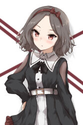 Rule 34 | 1girl, belt, black dress, blush, bow hairband, brown hair, closed mouth, collared dress, commentary, dress, ebizuka tomo, girls band cry, hairband, hand on own hip, highres, karefu, looking at viewer, medium hair, red eyes, red hairband, shadow, simple background, solo, upper body, white background