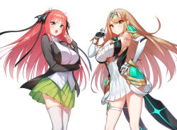 Rule 34 | 2girls, bare legs, bare shoulders, blonde hair, breasts, chest jewel, cleavage, cleavage cutout, clothing cutout, commission, dress, earrings, elbow gloves, gloves, go-toubun no hanayome, green322, jewelry, large breasts, long hair, multiple girls, mythra (xenoblade), nakano nino, short dress, skeb commission, swept bangs, thigh strap, tiara, trait connection, very long hair, white dress, white gloves, xenoblade chronicles (series), xenoblade chronicles 2, yellow eyes
