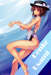Rule 34 | 1girl, bare shoulders, bow, breasts, brown eyes, brown hair, center opening, character name, female focus, hair bow, hat, hat bow, highres, large breasts, maullarmaullar, one-piece swimsuit, sand, sandals, shiny skin, short hair, solo, swimsuit, touhou, usami renko, waves