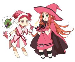 Rule 34 | 2girls, :d, anger vein, animal, brooch, cape, capelet, chestnut mouth, chocolat meilleure, commentary request, cropped legs, crossover, double bun, dress, duke (sugar sugar rune), earrings, frog, gloves, green eyes, hair bun, hand up, hands up, harukaze doremi, hat, heart, heart brooch, high collar, holding, holding animal, index finger raised, jewelry, long hair, magical girl, majorika, multiple girls, ojamajo doremi, open mouth, orange hair, outstretched arm, pink cape, pink capelet, pink dress, pink eyes, pink gloves, pink headwear, red hair, sakuragi mochi, short hair, simple background, smile, speech bubble, standing, sugar sugar rune, sweatdrop, thighhighs, trait connection, v-shaped eyebrows, white background, witch hat