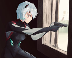 Rule 34 | 1girl, aiming, ayanami rei, black bodysuit, blood, blood on face, blue hair, bodysuit, breasts, closed mouth, evangelion: 3.0+1.0 thrice upon a time, female focus, gun, hair ornament, handgun, highres, holding, holding gun, holding weapon, indoors, interface headset, neon genesis evangelion, pistol, plugsuit, rebuild of evangelion, red eyes, scar, scar on face, short hair, solo, upper body, v-shaped eyebrows, weapon, window, yakisobaosu