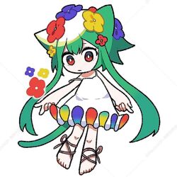 Rule 34 | 1girl, animal ears, blue flower, bright pupils, cat ears, cat girl, cat tail, chibi, closed mouth, commentary, cross-laced sandals, dress, flower, full body, green hair, hair flower, hair ornament, long hair, looking at viewer, machigami yoh, original, red eyes, red flower, short dress, simple background, sleeveless, sleeveless dress, solo, spaghetti strap, standing, strap slip, symbol-only commentary, tail, toes, twitter username, very long hair, watermark, white background, white dress, white pupils, yellow flower