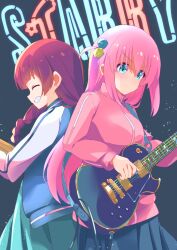 Rule 34 | 2girls, ^ ^, back-to-back, blue eyes, blue skirt, bocchi the rock!, braid, breasts, closed eyes, closed mouth, cube hair ornament, electric guitar, gotoh hitori, grin, guitar, guraasan, hair between eyes, hair ornament, highres, hiroi kikuri, holding, holding instrument, instrument, jacket, long hair, long sleeves, medium breasts, multiple girls, neon lights, one side up, pink hair, pink jacket, pleated skirt, profile, puffy long sleeves, puffy sleeves, red hair, single braid, skirt, smile, track jacket, v-shaped eyebrows, very long hair