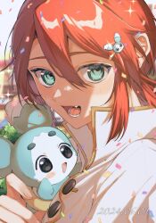 Rule 34 | 1boy, blush, blush stickers, buttons, confetti, creature, dated, fang, glint, green eyes, hair between eyes, hair ornament, hairclip, highres, jacket, looking at viewer, luke fon fabre, male focus, mieu (tales), mitabichan, open mouth, popped collar, red hair, short hair, sidelocks, smile, sparkle, tales of (series), tales of the abyss, upper body, white jacket
