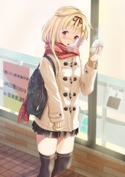 Rule 34 | 1girl, baozi, black thighhighs, blonde hair, blush, coat, commentary request, duffel coat, enpera, food, hair flaps, hair ornament, hair ribbon, hairclip, highres, holding, holding food, kantai collection, long hair, long sleeves, looking at viewer, open mouth, plaid, plaid scarf, pleated skirt, red eyes, red scarf, ribbon, scarf, skirt, solo, standing, thighhighs, yuudachi (kancolle), yuudachi kai ni (kancolle), zettai ryouiki, zuki