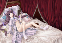 Rule 34 | 1girl, bed, bed sheet, book, bottomless, breasts, censored, convenient censoring, convenient leg, curtains, female focus, hat, indoors, legs, lying, navel, no bra, no panties, on back, open clothes, open robe, patchouli knowledge, pillow, ribbon, robe, satin, socks, solo, touhou, yuki shuuka