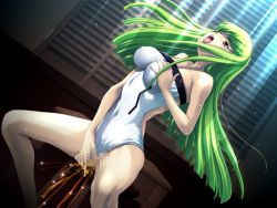 Rule 34 | grabbing another&#039;s breast, breasts, c.c., censored, code geass, fingering, grabbing, green hair, large breasts, masturbation, navel, orgasm, peeing, pussy juice, saliva, sitting, stool, team-tanabe, tongue