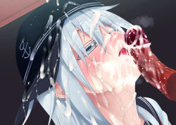 Rule 34 | 10s, 1girl, bar censor, censored, cum, cum in mouth, cum on clothes, disembodied penis, facial, fellatio, hat, hibiki (kancolle), kantai collection, long hair, one eye closed, open mouth, oral, penis, penis on face, puroheshi, school uniform, serafuku, grey eyes, silver hair, solo focus, wince