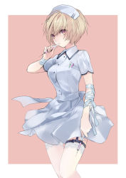 Rule 34 | 1girl, blonde hair, finger to mouth, hat, highres, inko (mini), lace, lace-trimmed legwear, lace trim, mechanical pencil, nurse, nurse cap, original, pen, pencil, ribbon, short hair, simple background, solo, syringe, thigh strap, thighhighs, yellow eyes