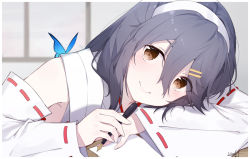 Rule 34 | 1girl, bare shoulders, black hair, blush, brown eyes, bug, butterfly, detached sleeves, fingernails, hair between eyes, hair ornament, hairband, hairclip, haruna (kancolle), holding, holding pen, ieufg, bug, japanese clothes, kantai collection, long hair, nontraditional miko, paper, pen, ribbon-trimmed sleeves, ribbon trim, signature, smile, solo, white hairband, wide sleeves