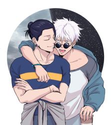 Rule 34 | 2boys, absurdres, arm on another&#039;s shoulder, black hair, blue eyes, clothes around waist, coffee cup, crossed arms, cup, disposable cup, getou suguru, gojou satoru, hair bun, half-closed eyes, highres, holding, holding cup, jujutsu kaisen, looking at another, male focus, multiple boys, panst, ryush, shirt, short hair, short sleeves, single hair bun, white hair, yaoi