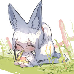 Rule 34 | 1girl, absurdly long hair, animal ear fluff, animal ears, barefoot, blush, chibi, closed eyes, closed mouth, commentary request, eating, fox ears, fox girl, fox tail, full body, grey hair, hair between eyes, highres, holding, japanese clothes, kimono, long hair, obi, original, ponytail, sash, sidelocks, simple background, sitting, solo, tail, very long hair, white background, white kimono, yuuji (yukimimi)