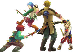 Rule 34 | 4boys, akke, asbel lhant, blonde hair, blue hair, boots, branch, brothers, brown eyes, brown hair, child, dagger, gloves, green shirt, hubert ozwell, knee boots, knife, male focus, malik caesars, multiple boys, richard (tales), shirt, siblings, sword, tales of (series), tales of graces, weapon, white background