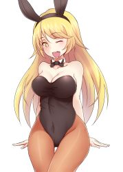 Rule 34 | + +, 1girl, ;d, animal ears, arm support, bare shoulders, blonde hair, blush, bow, bowtie, breasts, cleavage, collarbone, detached collar, fake animal ears, female focus, large breasts, leotard, long hair, looking at viewer, one eye closed, open mouth, pantyhose, playboy bunny, rabbit ears, shokuhou misaki, simple background, sitting, skin tight, smile, solo, symbol-shaped pupils, thigh gap, toaru kagaku no railgun, toaru majutsu no index, touryou, white background, wide hips, wink, yellow eyes
