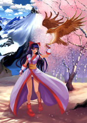 1girl ainu_clothes arm_up breasts cherry_blossoms fingerless_gloves gloves hair_ribbon highres large_breasts legs long_hair looking_at_viewer mamahaha nakoruru open_mouth panties pantyshot purple_eyes purple_hair ribbon samurai_spirits snk teeth the_king_of_fighters thighs tongue underwear very_long_hair white_panties