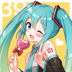 Rule 34 | 1girl, 39, ;d, aqua eyes, aqua hair, aqua necktie, armpit crease, artist name, balloon, bare shoulders, blush, bow, collared shirt, detached sleeves, dot nose, grey shirt, hair between eyes, hatsune miku, heart, heart balloon, holding, long hair, long sleeves, looking at viewer, middle w, necktie, one eye closed, open mouth, portrait, red bow, shirt, shoulder tattoo, sleeveless, sleeveless shirt, smile, snowmi, solo, tattoo, twintails, vocaloid, w, wide sleeves