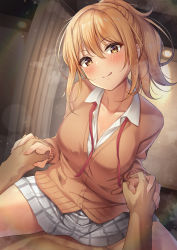 Rule 34 | 1boy, 1girl, :q, absurdres, blonde hair, breasts, cardigan, cleavage, closed mouth, clothed sex, covered penetration, cowgirl position, girl on top, hetero, highres, holding hands, indoors, interlocked fingers, long sleeves, looking at viewer, love live!, love live! nijigasaki high school idol club, medium breasts, miyashita ai, neck ribbon, oku 1225, orange cardigan, plaid, plaid skirt, sex, short hair, skirt, smile, straddling, tongue, tongue out, undone neck ribbon, white skirt, yellow eyes