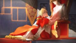 Rule 34 | 1boy, 1girl, ahoge, arm rest, armor, armored boots, blonde hair, boots, braid, braided bun, brown hair, carpet, dark, dress, fate/extella, fate/extra, fate (series), formal, game cg, green eyes, hair bun, hair intakes, hair over eyes, half-closed eyes, hand on another&#039;s leg, highres, indoors, juliet sleeves, kishinami hakuno (male), leaning on person, light smile, long sleeves, looking at another, nero claudius (fate), nero claudius (fate) (all), nero claudius (fate/extra), non-web source, official art, on floor, outstretched leg, pants, pauldrons, photoshop (medium), puffy sleeves, red dress, red ribbon, ribbon, sad, sad smile, shoes, shoulder armor, single hair bun, sitting, socks, spoilers, tabard, throne, wada arco, white pants, wide sleeves, yokozuwari