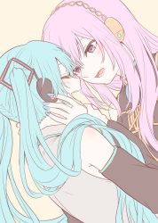 Rule 34 | 2girls, aqua hair, bare shoulders, black shirt, black sleeves, blue eyes, blue nails, commentary, detached sleeves, dutch angle, closed eyes, forehead-to-forehead, gold trim, grey shirt, hair ornament, hands on another&#039;s face, hatsune miku, headphones, heads together, highres, light blush, long hair, megurine luka, multiple girls, nail polish, open mouth, orange background, pink hair, shirt, sleeveless, sleeveless shirt, smile, toridbd, twintails, upper body, very long hair, vocaloid, yuri
