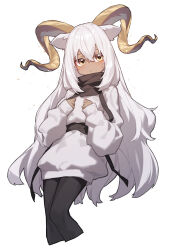 Rule 34 | 1girl, absurdres, animal ears, arknights, beeswax (arknights), beudelb, black pantyhose, blush, brown eyes, closed mouth, commentary request, cropped legs, dark-skinned female, dark skin, grey hair, hair between eyes, highres, horns, long hair, long sleeves, looking at viewer, pantyhose, puffy long sleeves, puffy sleeves, simple background, sleeves past wrists, solo, sweater, very long hair, white background, white sweater