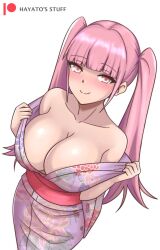 Rule 34 | 1girl, artist name, bare shoulders, blunt bangs, blush, breasts, cleavage, closed mouth, collarbone, commentary, fire emblem, fire emblem: three houses, floral print, hayato stuff, highres, hilda valentine goneril, japanese clothes, kimono, large breasts, looking at viewer, nintendo, partially undressed, patreon logo, pink eyes, pink hair, pink kimono, simple background, smile, solo, twintails, watermark, white background