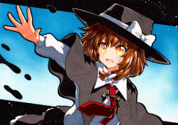 Rule 34 | 1girl, bad id, bad pixiv id, black capelet, black hat, blue background, bow, braid, brown hair, capelet, collared shirt, fedora, gradient background, hair bow, hat, hat bow, long sleeves, looking at viewer, necktie, open mouth, outstretched arm, qqqrinkappp, red necktie, shirt, side braid, single braid, solo, sweatdrop, tie clip, touhou, traditional media, upper body, usami renko, white bow, white shirt, yellow eyes