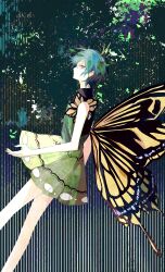 Rule 34 | 1girl, absurdres, blue hair, butterfly wings, dress, eternity larva, feet out of frame, from side, green dress, highres, insect wings, leaf, leaf on head, looking at viewer, oiviie, open mouth, red eyes, short hair, sideways glance, sleeveless, sleeveless dress, solo, touhou, wings