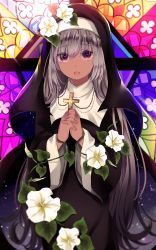 Rule 34 | 1girl, black dress, church, cross, cross necklace, dark-skinned female, dark skin, dress, flower, highres, holding, holding cross, hood, jewelry, kuro namako, long hair, long sleeves, looking at viewer, necklace, nun, original, own hands clasped, own hands together, silver hair, solo, stained glass, traditional nun, very long hair, white flower