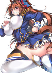 Rule 34 | 1girl, ass, bouncing breasts, breasts, brown eyes, brown hair, clenched teeth, commentary request, daiwa scarlet (umamusume), from behind, highres, horse girl, large breasts, long hair, looking at viewer, looking down, muyoshito, simple background, skirt, solo, sweat, teeth, thick thighs, thighs, umamusume, white background, white legwear, yoshito (muyoshito207)
